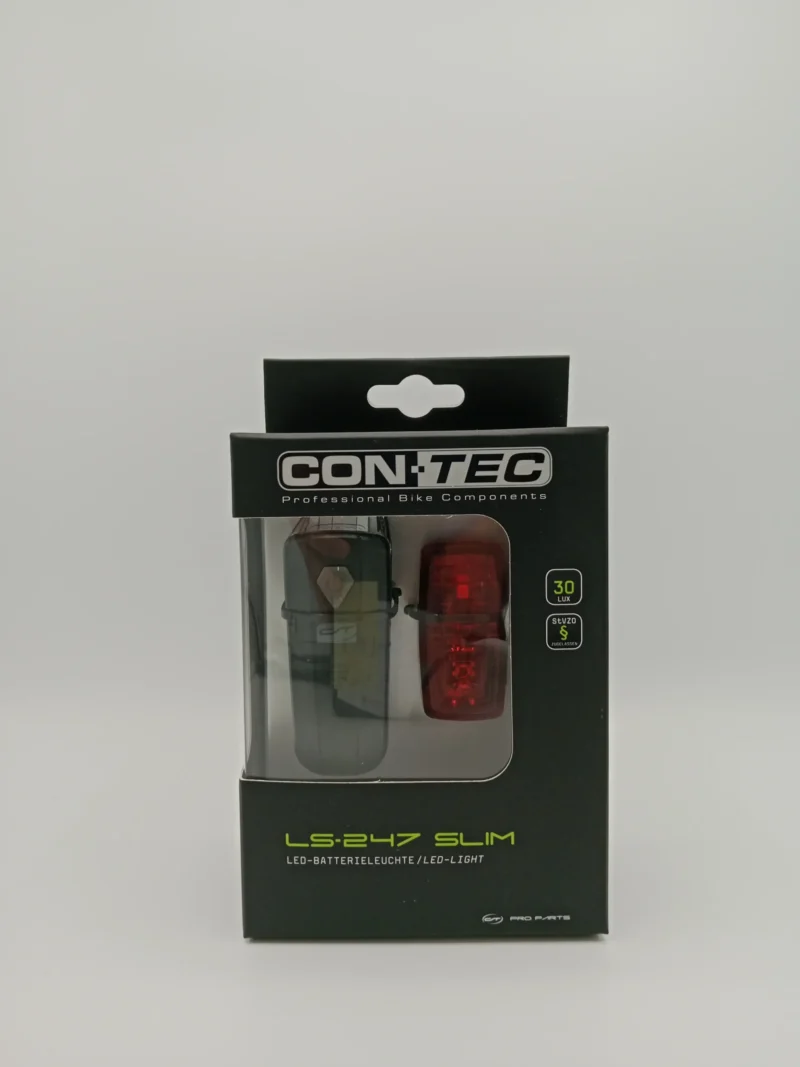 CONTEC LS-247 Slim Fahrradbeleuchtungsset mit Frontlicht und Rücklicht, inklusive Halterungen und Batterien, StVZO zugelassen.