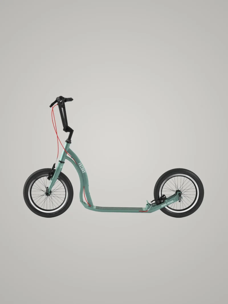 Grauer Tretroller Friday mit sportlichem Design und schlankem Rahmen, ideal für Geschwindigkeit und urbanes Fahren.