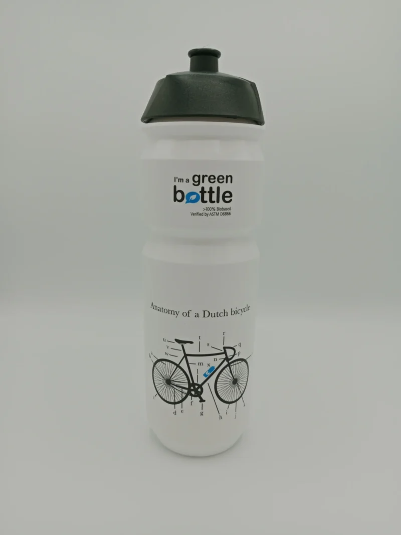 Weiße Retulp Biobased Trinkflasche mit Fahrrad-Design aus 87 Prozent Zuckerrohr. Nachhaltige und BPA-freie Wasserflasche für unterwegs.