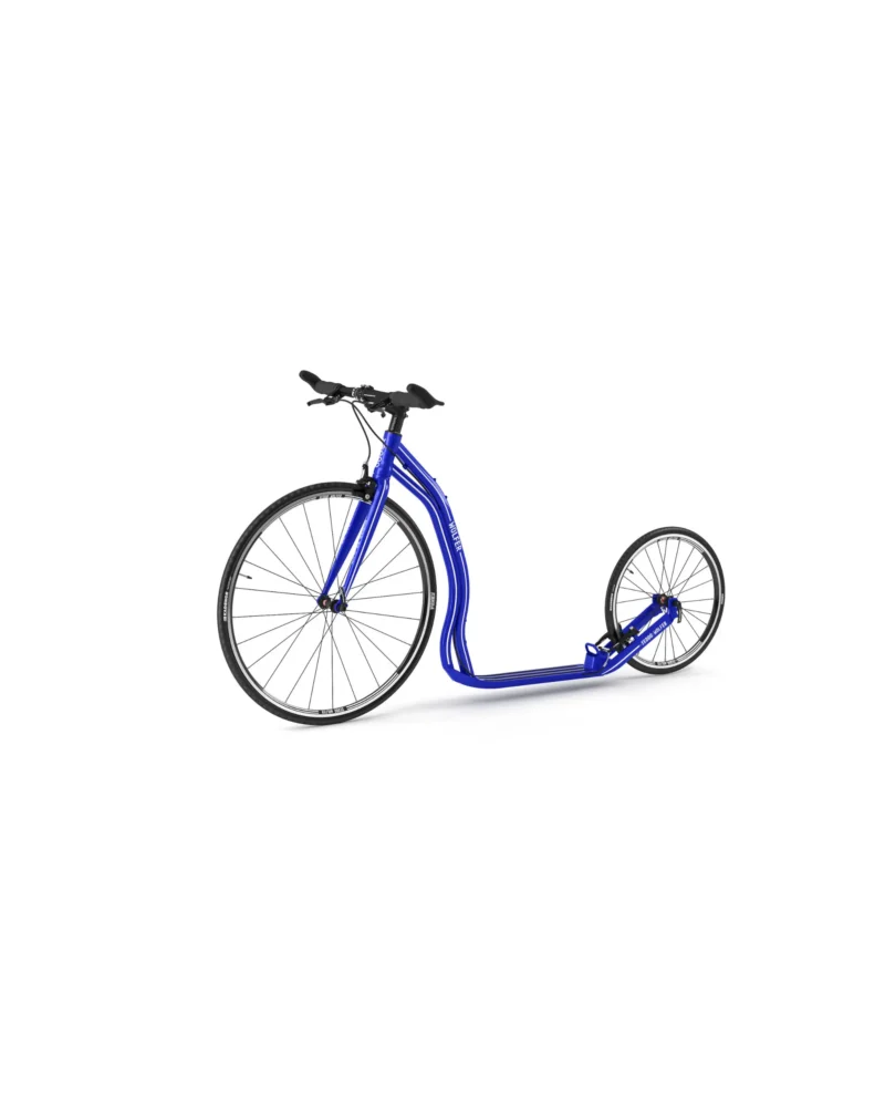 Blauer Tretroller Wolfer mit sportlichem Design, großem Vorderrad und schlankem Rahmen, ideal für Geschwindigkeit und urbanes Fahren.