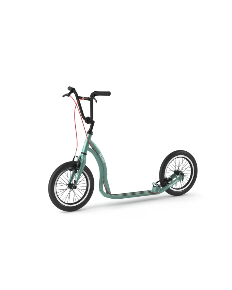 Grauer Tretroller Friday mit sportlichem Design und schlankem Rahmen, ideal für Geschwindigkeit und urbanes Fahren.